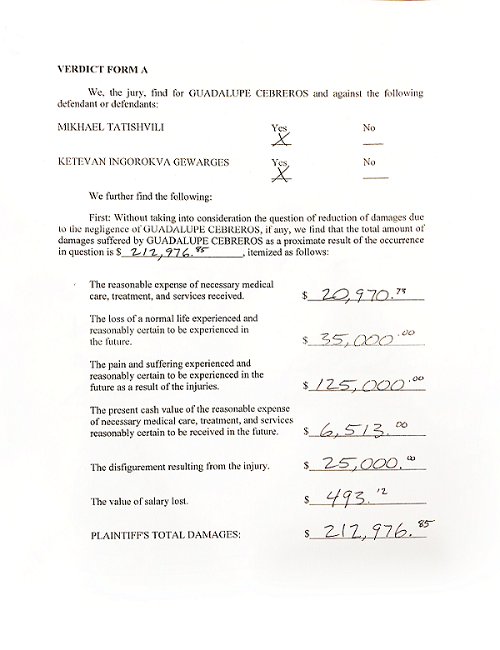 A handwritten verdict for $212,976.85